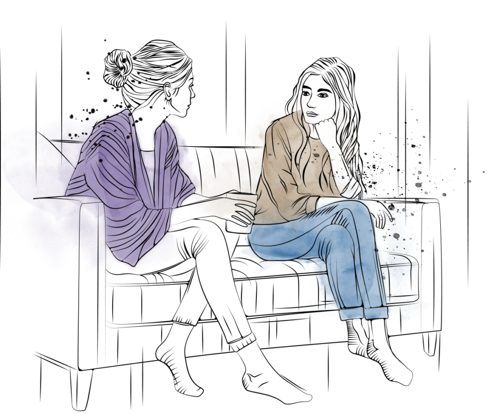 Linje-illustration föreställande två unga kvinnor som samtalar på en soffa.