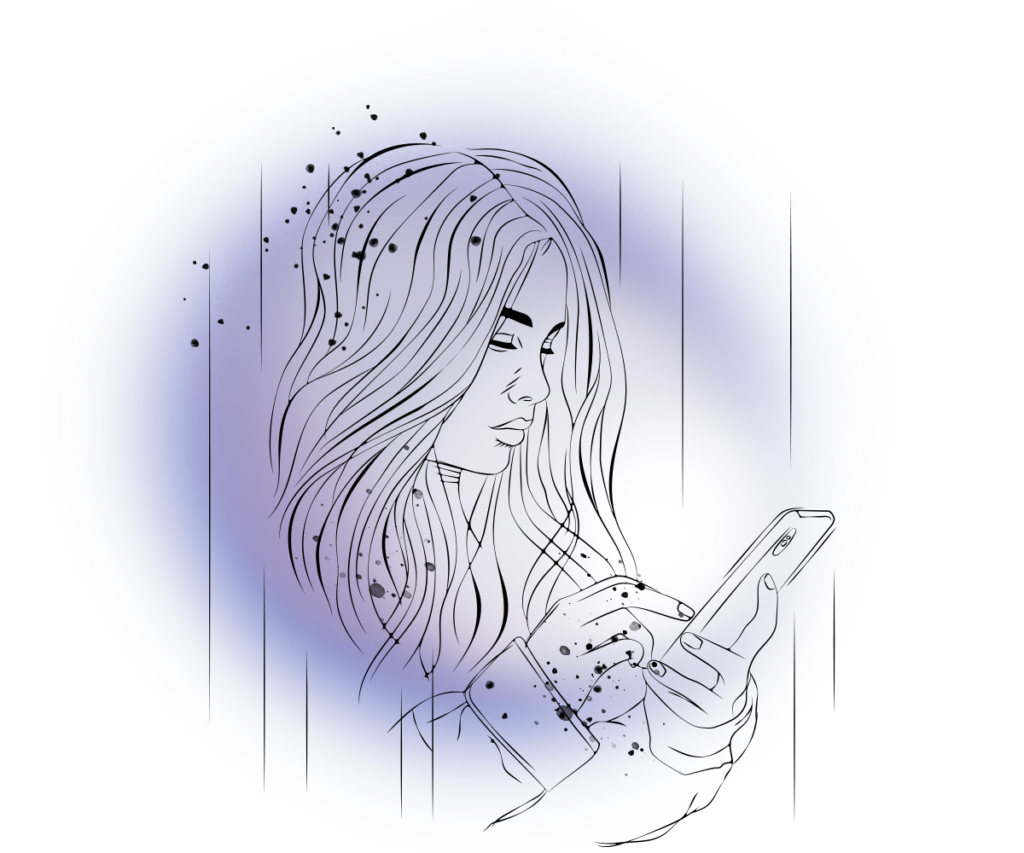 Linje-illustration föreställande en ung kvinna som interagerar med skärmen på en mobil-telefon.