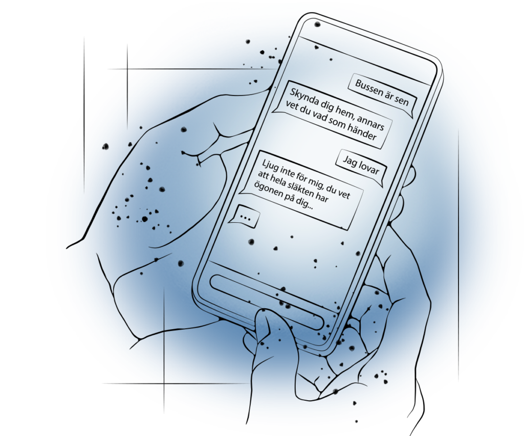 Linje-illustration föreställande två händer som håller en mobiltelefon, där en otrevlig chatt-konversation visas.