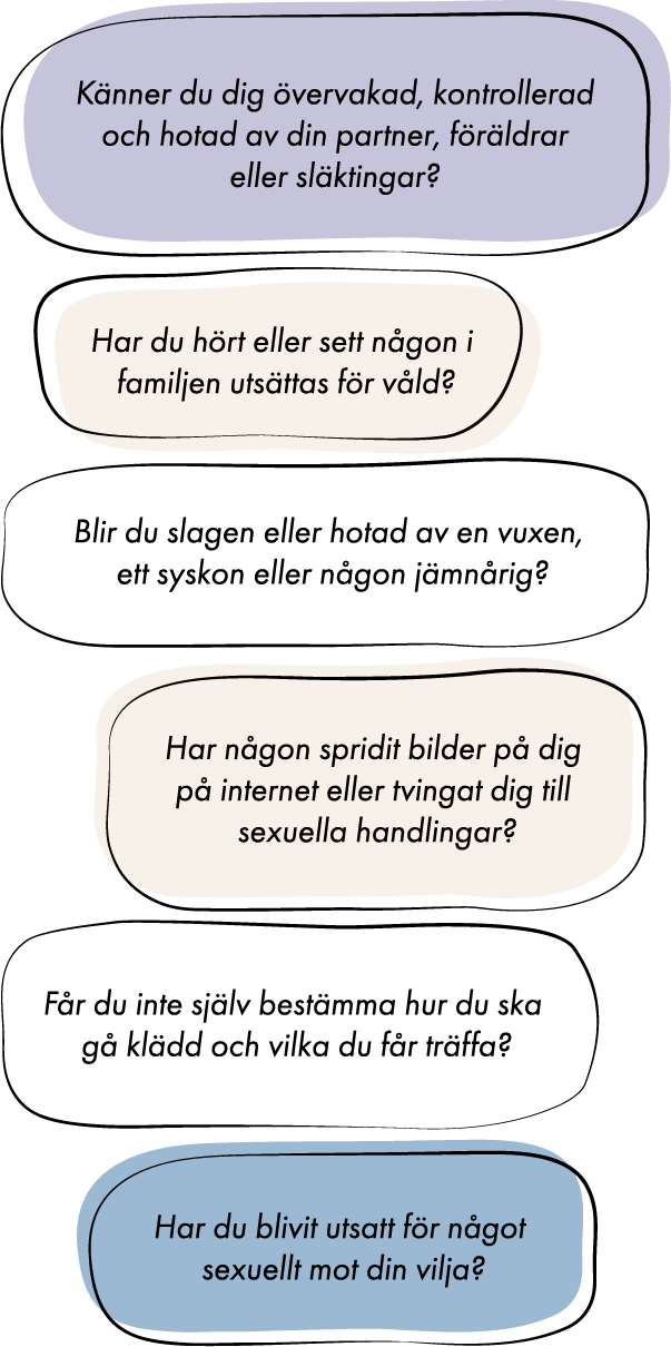 Pratbubblor med exempel på situationer där unga har utsatts för våld. Till exempel: "Har du blivit utsatt för något sexuellt mot din vilja?"