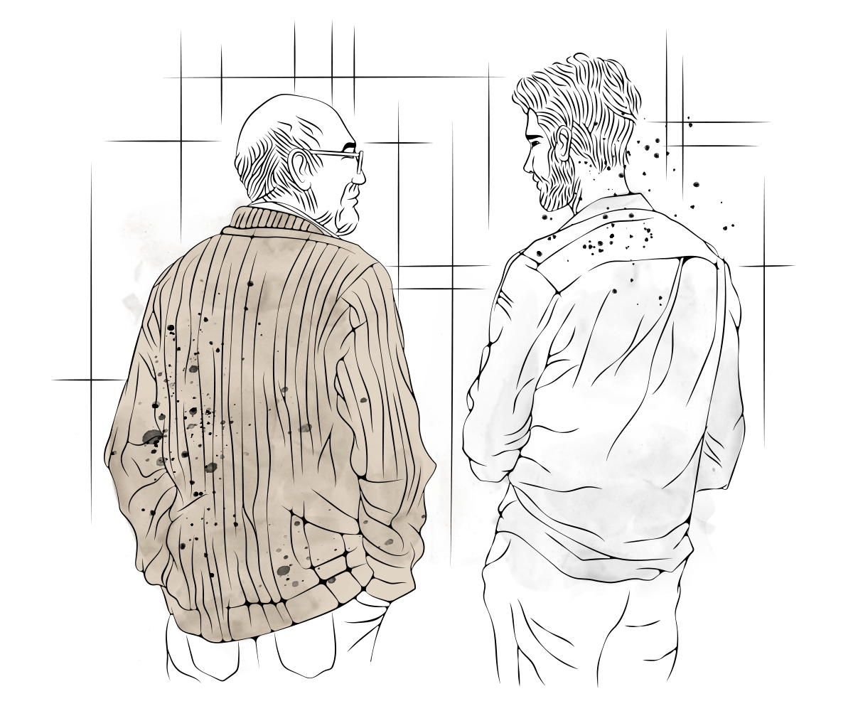Linje-illustration föreställande en ung man som samtalar med en äldre yrkesverksam man.
