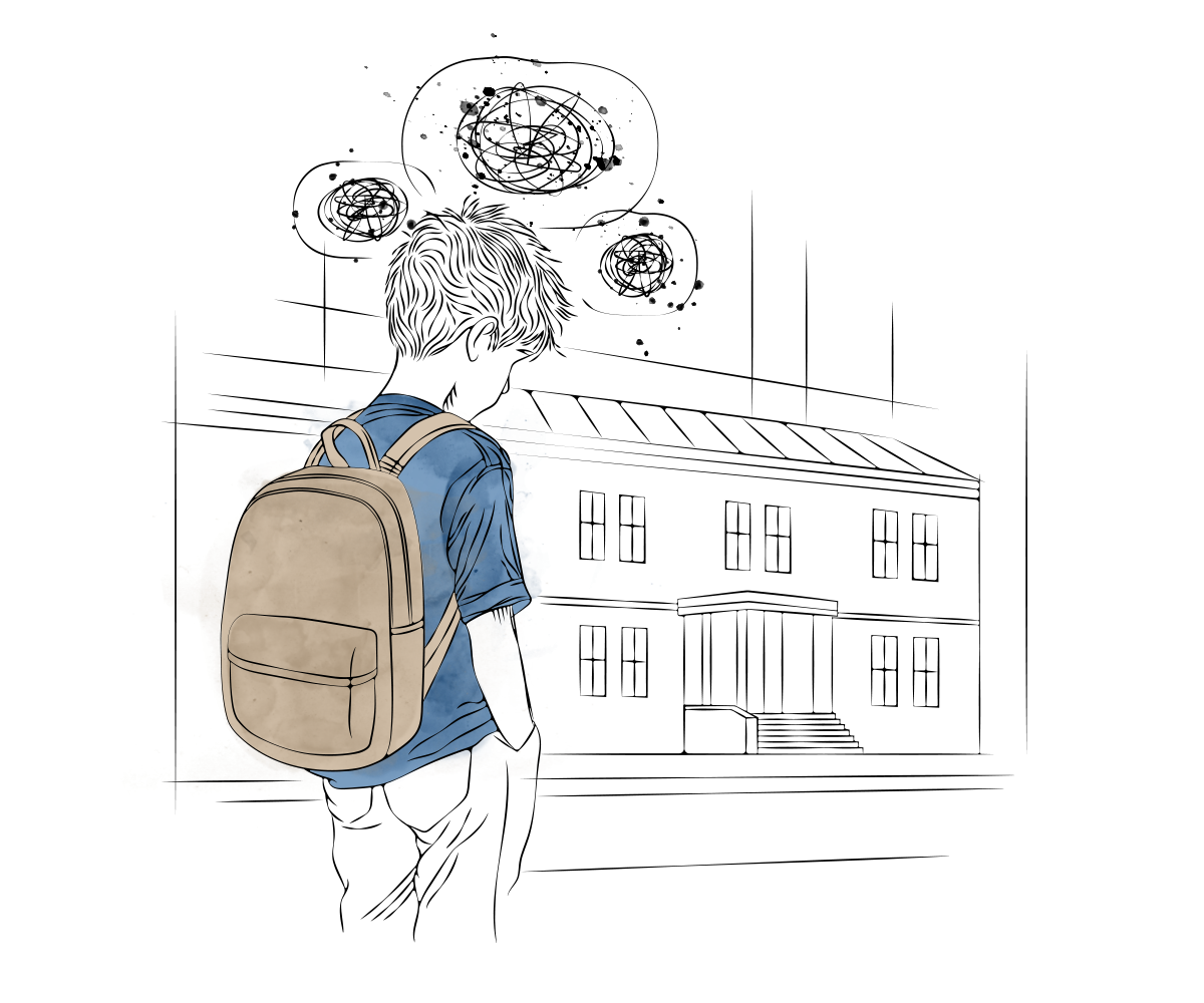 Linje-illustration föreställande en ung pojke som vandrar längs en gata. Mörka tanke-bubblor svävar ovanför hans huvud.